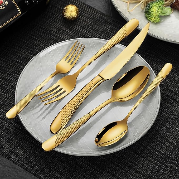 Lemeya 40-Piece Hammered Gold Silverware Set for 8,18/10 Stainless Steel Flatware Set with Serrated Forged Knives,Heavy Duty Cutlery Set for Home & Party Restaurant,Mirror Polished, Dishwasher Safe