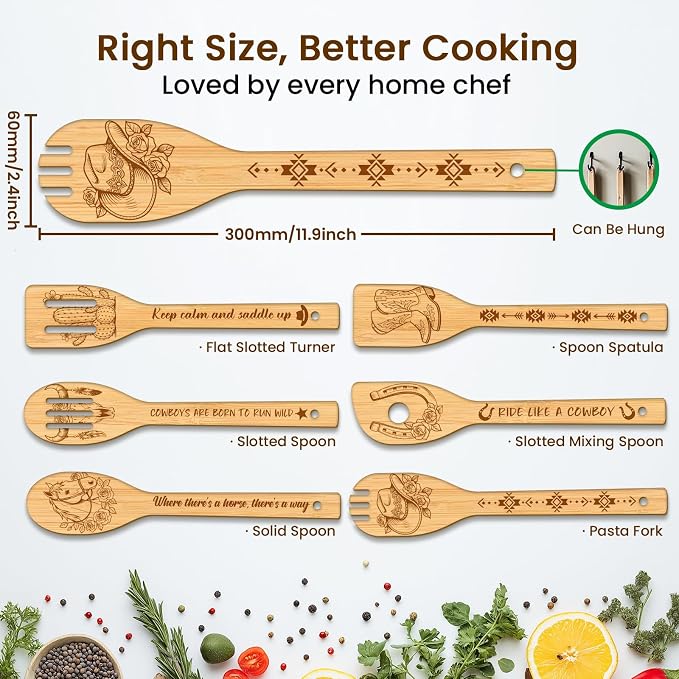 CUTHOLLOW 6PCS Cowboy Wooden Kitchen Cooking Utensil Set, 11.9in Non Toxic Bamboo Wood Spoon Set for Cooking, Best Housewarming Birthday Thanksgiving Christmas Gift for Women Mother
