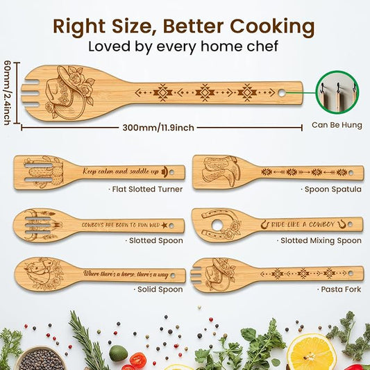 CUTHOLLOW 6PCS Cowboy Wooden Kitchen Cooking Utensil Set, 11.9in Non Toxic Bamboo Wood Spoon Set for Cooking, Best Housewarming Birthday Thanksgiving Christmas Gift for Women Mother