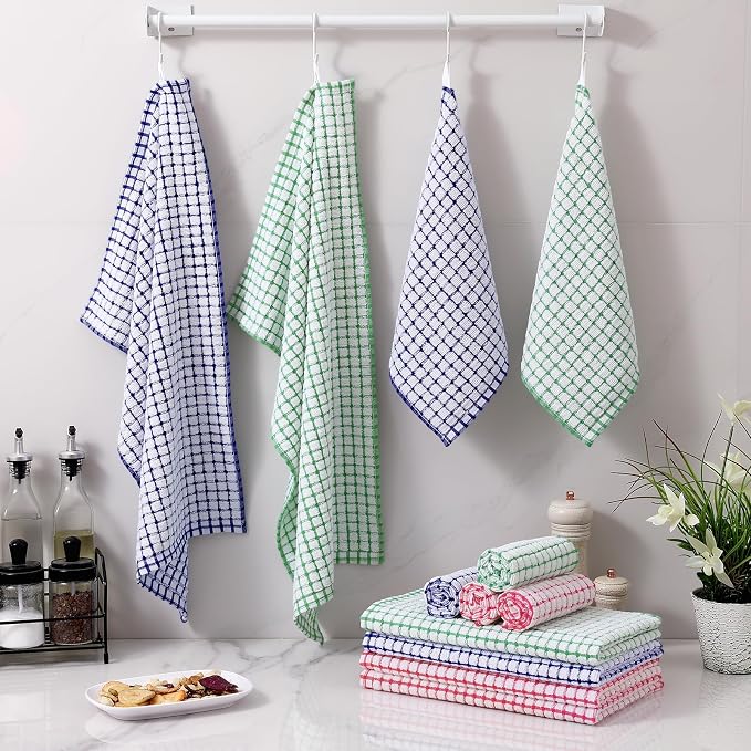Homaxy Kitchen Towels and Dishcloths Set, 16 x 25 and 12 x 12 Inches, Set of 12 Cotton Terry Kitchen Dish Towels, Super Soft and Absorbent Dish Cloths, Red/Blue/Green