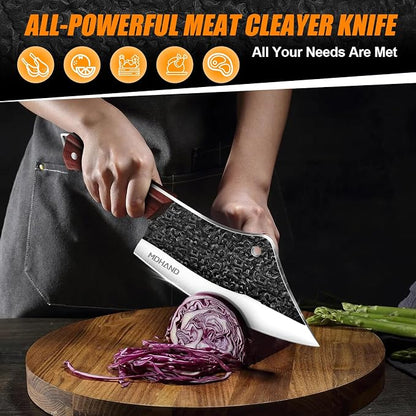 MDHAND Butcher Knife Set, Hand Forged Professional Chef Knife Set with Roll Bag, Sharp Meat Cleaver Knife & Bone Chopper Knives & Fillet Knife for Home Kitchen & Camping BBQ, Gifts for Men Women