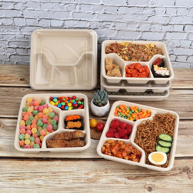 Sugarcane Fiber 37 oz 4 Compartments disposable plates with Lids Bagasse Plant Fibers Freezer Safe 25 Pack