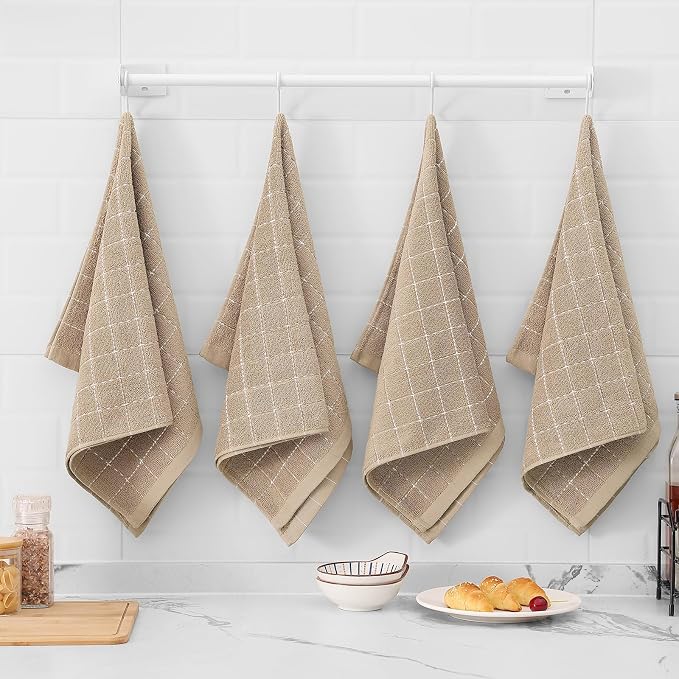 Mordimy 100% Cotton Terry Cloth Kitchen Towels, Super Soft and Absorbent Dish Towels for Drying, Checkered Designed Hand Towels for Kitchen, 13 x 28 Inches, 4 Pack, Tan