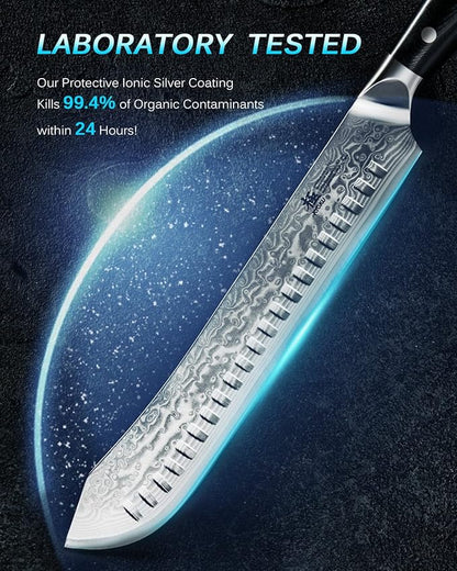 KYOKU 10″ Damascus Butcher Knife for Meat Cutting,UPGRADED Breaking Knife with Silver PVD Coating for Professional Home Chefs,Sharp Bullnose Japanese Style VG10 Steel Meat Carving Knife for Kitchen