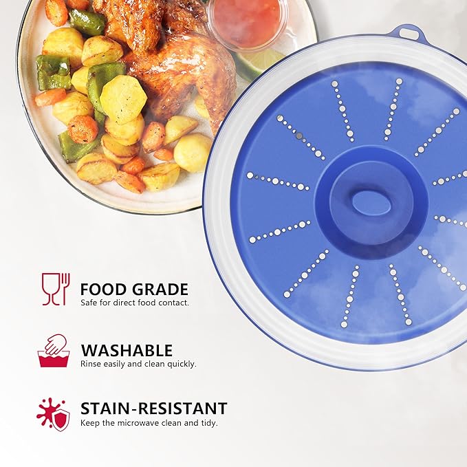 WVM Microwave Splatter Cover Vented for Food with Hook Hole, Splatter Guard & Colander Kitchen Gadget for Food, Meal Prep, Blue, M(11"x3.26")-Pack of 1