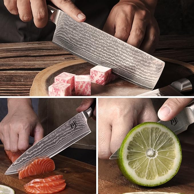 SUNCHUN 3-Piece VG-10 Damascus Kitchen Knife Set with Double-Sided Sharpening Stone – Nakiri, Chef & Paring Knives, 67-Layer Tsunami Wave Pattern, Black Pakka Wood Handles, 60±2 HRC (3-Piece-Set)