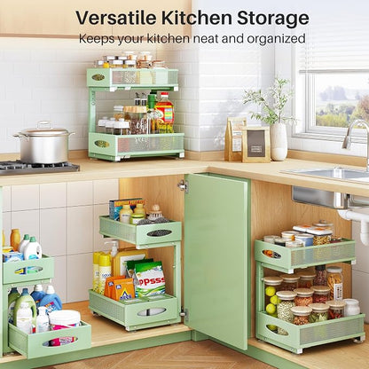 Under Sink Organizer, 2 Tier Pull out Cabinet Organizer Baskets with Mesh Sliding Drawers, Slide out Storage Shelf for Home, Kitchen, Bathroom, Pantry, Office Cabinet(1 Pack, Green)