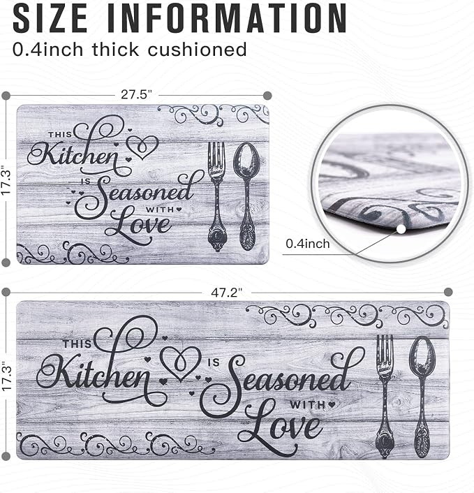 Carvapet Kitchen Floor Mats 2Pcs, Anti Fatigue Kitchen Rugs and Mats Farmhouse Spoon&Fork Non-Skid Cushioned Floor Comfort Mat for Kitchen, Doorway, Sink, Laundry, 17"x27"+17"x47"