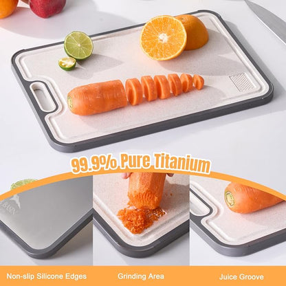 Dual-Sided Titanium Cutting Board with Wheat Straw PP Side for Kitchen, Medium Compact Non-Slip Chopping Board 15.2 x 10.5 inch