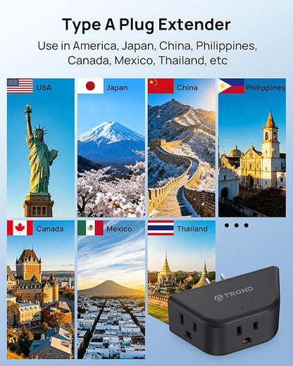 TROND 2 Prong to 3 Prong Outlet Extender, 3-Way Angled Plug Adapter with 3 AC Sockets, Wall Splitter for Non-Grounded Outlets in Old House, Cruise Ship Travel Essentials, Black