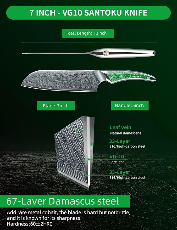 7 inch Santoku Knife, Japanese VG-10 Damascus Steel Chef Knife, Ultra Sharp Kitchen Knife with Full-tang Handle in Green Resin, LA-S9 Series