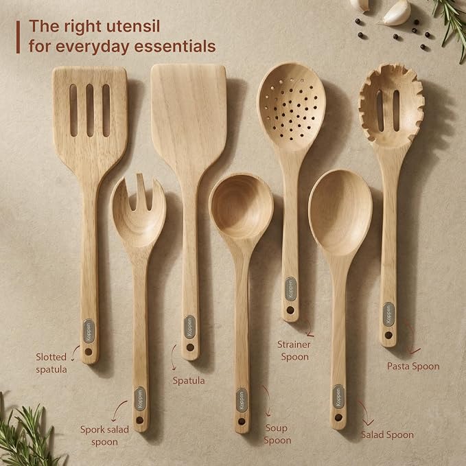Koppen Rubber Wood Kitchen Utensils Set, Durable Wooden Cooking Spoon and Spatula Ladle for Nonstick Cookware, Non Toxic, Heat Resistant, Smooth Grip, Modern Elegant Design for Everyday (7 Piece Set)