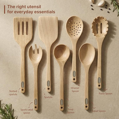 Koppen Rubber Wood Kitchen Utensils Set, Durable Wooden Cooking Spoon and Spatula Ladle for Nonstick Cookware, Non Toxic, Heat Resistant, Smooth Grip, Modern Elegant Design for Everyday (7 Piece Set)