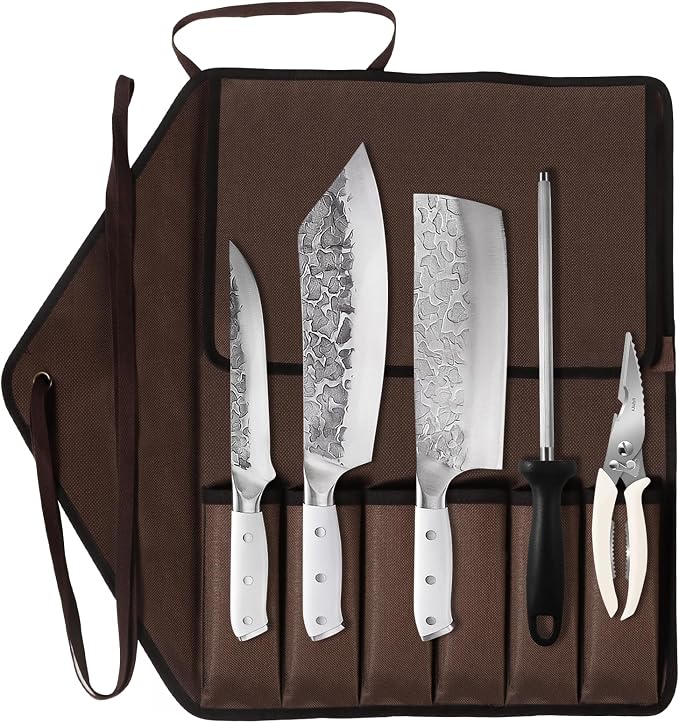 KOFERY Hand Forged Damascus Steel Butcher Knife Set with Knife Roll for Meat Cutting, Grilling & Smoking Meat, Essential BBQ Kit for Outdoor Camping, Pit Master Gifts for Men with White Handles