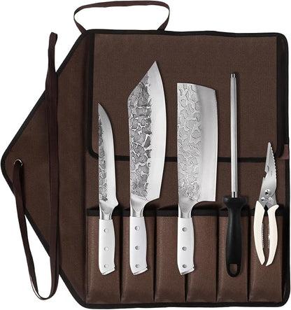 KOFERY Hand Forged Damascus Steel Butcher Knife Set with Knife Roll for Meat Cutting, Grilling & Smoking Meat, Essential BBQ Kit for Outdoor Camping, Pit Master Gifts for Men with White Handles