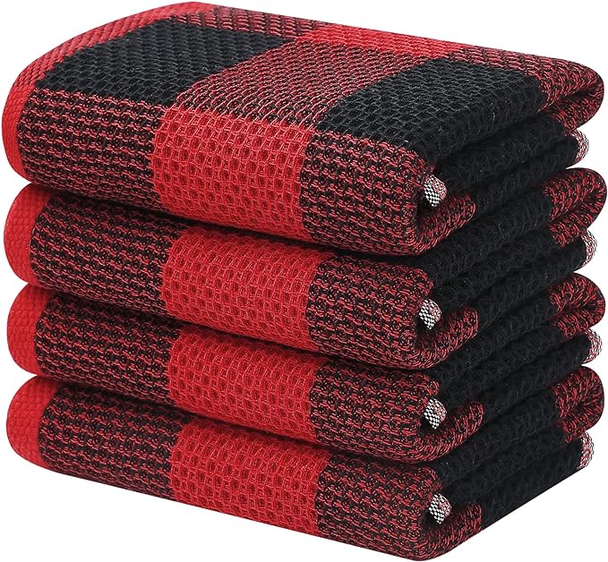 Homaxy 100% Cotton Waffle Weave Check Plaid Kitchen Towels, 13 x 28 Inches, Super Soft and Absorbent Dish Towels for Drying Dishes, 4-Pack, Black & Red