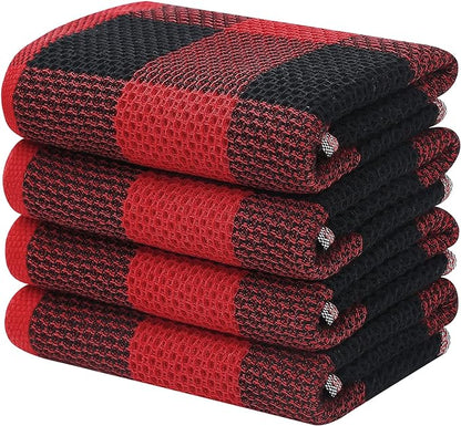 Homaxy 100% Cotton Waffle Weave Check Plaid Kitchen Towels, 13 x 28 Inches, Super Soft and Absorbent Dish Towels for Drying Dishes, 4-Pack, Black & Red