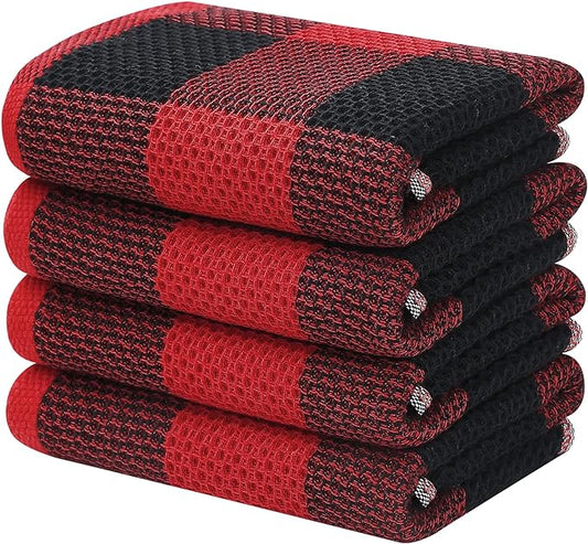 Homaxy 100% Cotton Waffle Weave Check Plaid Kitchen Towels, 13 x 28 Inches, Super Soft and Absorbent Dish Towels for Drying Dishes, 4-Pack, Black & Red