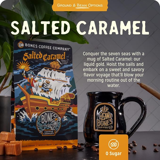 Bones Coffee Company Salted Caramel Flavored Coffee, Medium Roast Low Acid Arabica Beans Compatible with Auto drip and French Press Coffee Maker, 12 Oz Ground