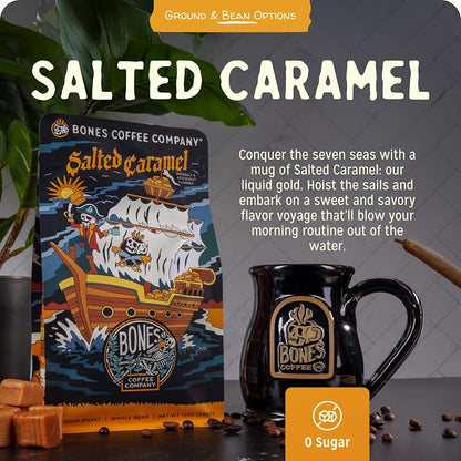 Bones Coffee Company Salted Caramel Flavored Coffee, Medium Roast Low Acid Arabica Beans Compatible with Auto drip and French Press Coffee Maker, 12 Oz Ground