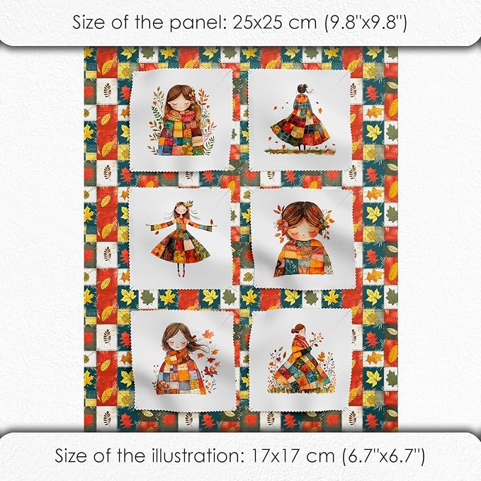 Autumn Girls Patchwork Cotton Fabric Panel – 6 Designs (10×10 inch Each) + Bonus Patchwork Sheet 29.5×19.6 inch, 100% Cotton 140 GSM