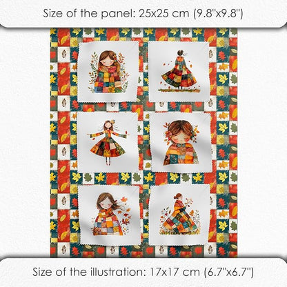 Autumn Girls Patchwork Cotton Fabric Panel – 6 Designs (10×10 inch Each) + Bonus Patchwork Sheet 29.5×19.6 inch, 100% Cotton 140 GSM