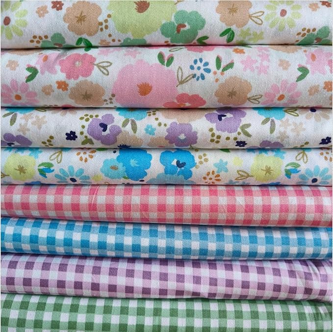 7PCS 9.8" x 9.8"(25 * 25CM) Quilting Fat Quarters Fabric Bundles, for Sewing Crafting,Print Floral Striped Polka Dot 100% Cotton Gingham Fabric (Big Flowers Square, 25 * 25cm)