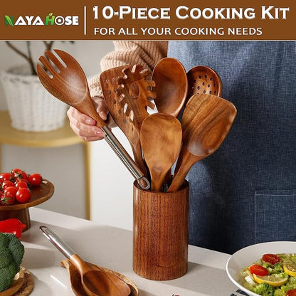 Wooden Spoons for Cooking with Utensils Holder, 10-Pieces Natural Acacia Wooden Utensil Set with Stainless Handle, Non-Stick, Wooden Cooking Spurtle Set for Mom, Wife Cookware Gifts