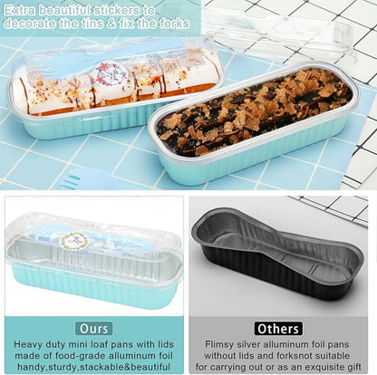 100Pack Mini Cake Pans Disposable Mini Loaf Pans with Lids and Spoons and Stickers, 6.8Oz Aluminum Foil Pans Tins, Individual Dessert Cups Containers for Sales,Party,Picnics Sky Blue