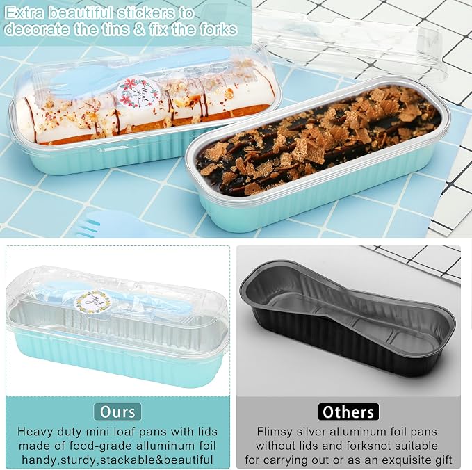 200Pack Mini Cake Pans Disposable Mini Loaf Pans with Lids and Spoons and Stickers, 6.8Oz Aluminum Foil Pans Tins, Individual Dessert Cups Containers for Sales,Party,Picnics Sky Blue