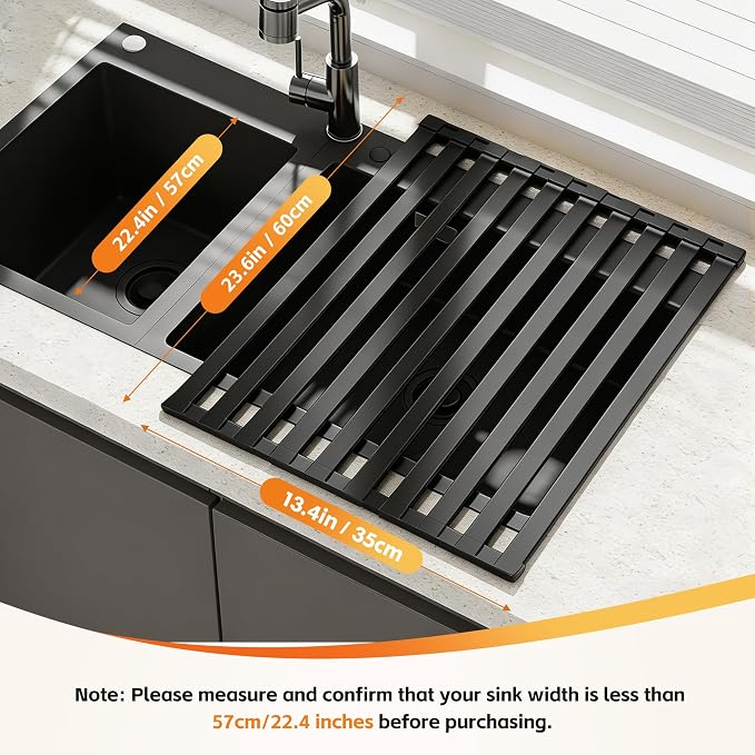 Foldable Over Sink Dish Drying Rack, Extra Wide & Thick Rust-Proof Aluminum Sink Cover for Counter Space, Collapsible Dish Drying Rack Fits Most Kitchen Sinks (Black, 23.6“x13.6)