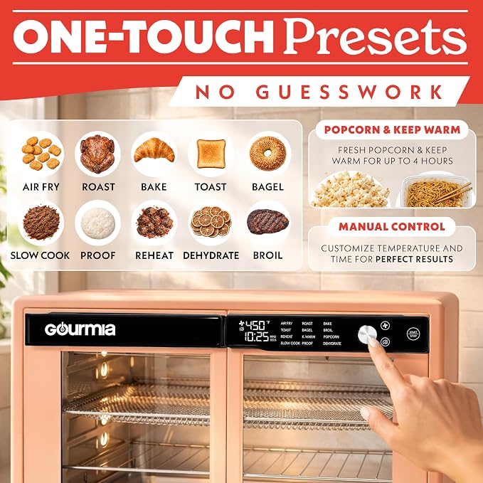 Gourmia French Door Air Fryer Oven - 37 Qt Large Capacity Convection Toaster Oven, FryForce 360°, Digital Display, 12 Cooking Presets, Dehydrate, Fits 13” Pizza, Dishwasher-Safe, Peach