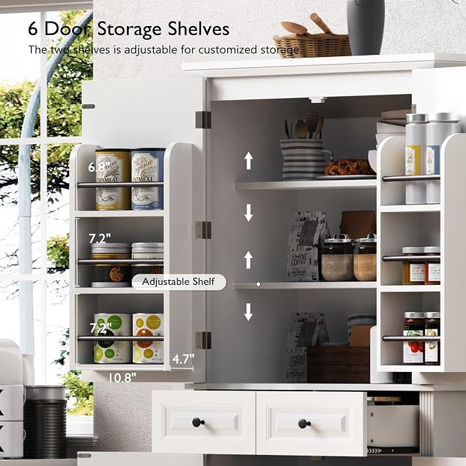 71.2" Tall Kitchen Pantry Cabinet with 3 Pull Out Cabinets Organizer, Farmhouse Embossed Texture Storage Cabinet with 6 Door Shelves, 2 Drawers, White Freestanding Cupboard for Kitchen, Dining Room