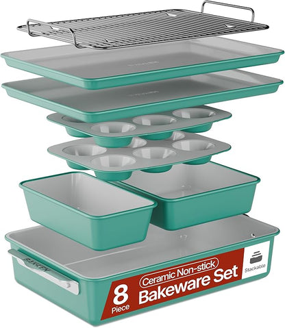 Bakken 8-Piece Stackable Bakeware Set – Ceramic Non-Stick, Oven-Safe Baking Sheets & Pans, PTFE/PFOA/PFOS-Free, Ergonomic Handles, Includes Cooling Rack – Healthy, Non-Toxic Baking Essentials