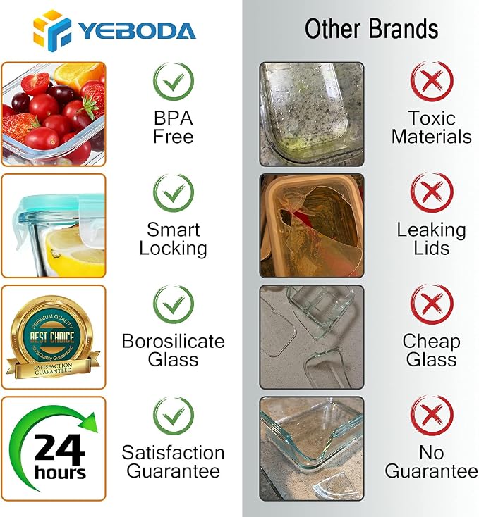 YEBODA Glass Food Storage Containers with Airtight Snap Locking Lids BPA Free Meal Prep Container Set For Home Kitchen Restaurant - Freezer, Microwave, Oven, Dishwasher Safe [23oz, 6 Pack]