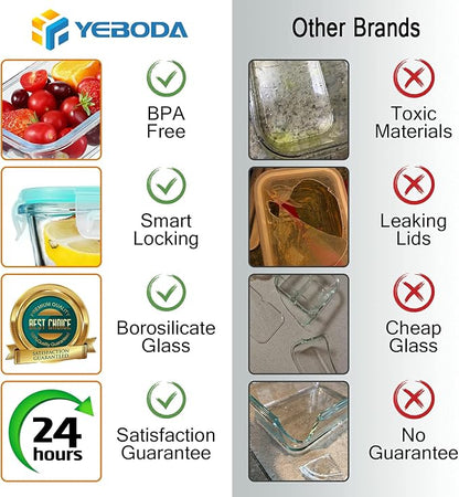 YEBODA Glass Food Storage Containers with Airtight Snap Locking Lids BPA Free Meal Prep Container Set For Home Kitchen Restaurant - Freezer, Microwave, Oven, Dishwasher Safe [23oz, 6 Pack]