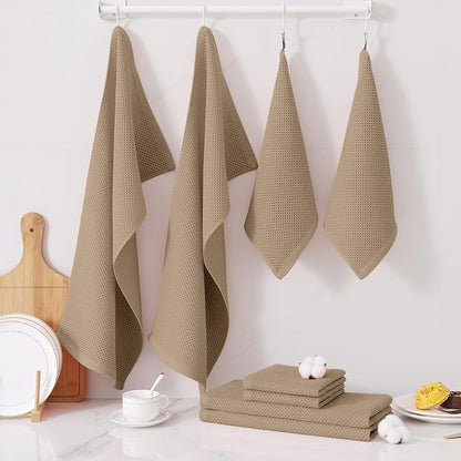 Homaxy 100% Cotton Kitchen Towels and Dishcloths Set, 12 x 12 Inches and 13 x 28 Inches, Set of 12 Bulk Kitchen Towels Set, Ultra Soft Absorbent Dish Cloths for Washing Dishes, Tan