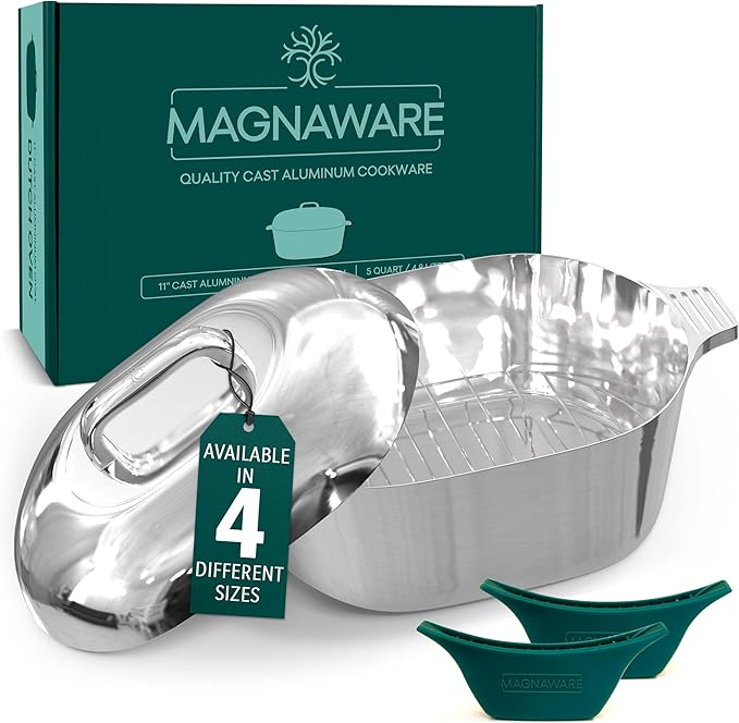 MAGNAWARE Cast Aluminum Oval Dutch Oven with Lid — 5 QT Heavy Duty Roaster Pan with Rack & Silicone Cover Dual Handles — Cajun Cookware for Roasting, Baking, Cooking (11" Small)
