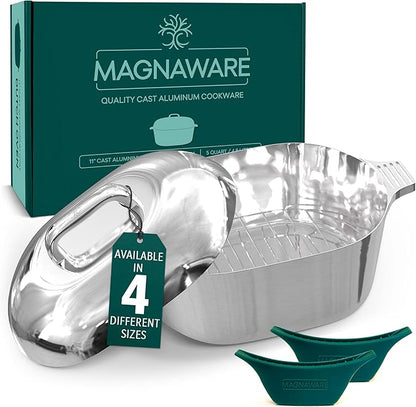 MAGNAWARE Cast Aluminum Oval Dutch Oven with Lid — 5 QT Heavy Duty Roaster Pan with Rack & Silicone Cover Dual Handles — Cajun Cookware for Roasting, Baking, Cooking (11" Small)