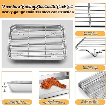 Metal Toaster Oven Tray Set, E-far 10.5”x8.3” Small Stainless Steel Baking Pan with Wire Rack for Cooking Broiling, Rimmed Metal Sheet for Roasting Cooling Cookie Bacon Steak