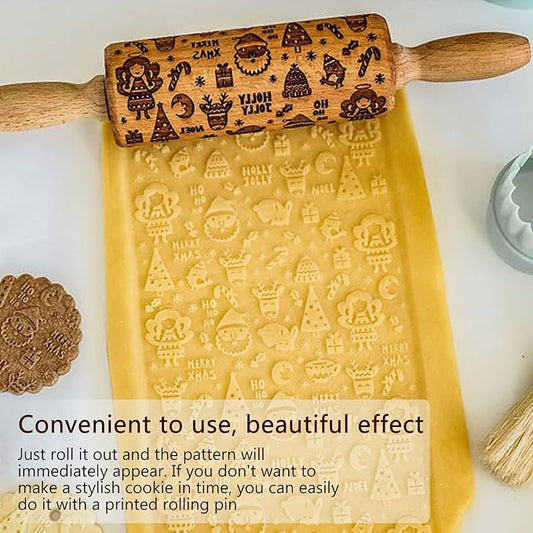 Embossed Rolling Pin for Baking, Wooden Decorative Embossing Cookie Roller for Kitchen(Type A14)