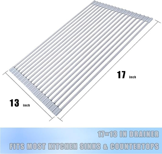 Roll up Dish Drying Rack Silicone Wrapped Stainless Steel 17in x 13in, Grey