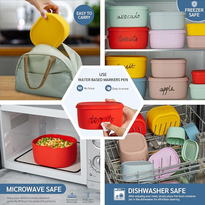 ISSEVE 6Pcs/Set Nesting Silicone Food Storage Containers with Lids, BPA Free Reusable Meal Prep Silicone Containers Lunch Box Bento Box Set (33.8oz, 20oz, 10oz, 6.7oz, 1.3oz) (Red)