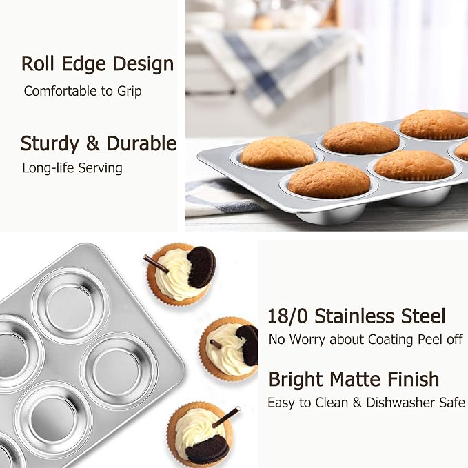 TeamFar Muffin Pan, 6 Cup Muffin Baking Tins Pans, Cupcake Pan Tray Set Stainless Steel for Baking Cakes Cornbread Tarts and More, Healthy & Non Toxic, Oven & Dishwasher Safe - Set of 3