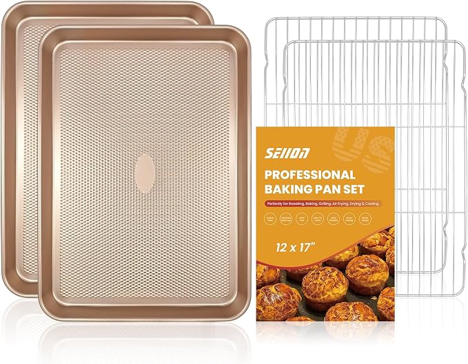 2-Pack Baking Sheets with Wire Cooling Racks | 17.5"x11.8" Heavy Duty Nonstick Carbon Steel Half Sheet Pans | Oven-Safe Crisper Tray Set for Roasting Bacon & Cooling Cookies