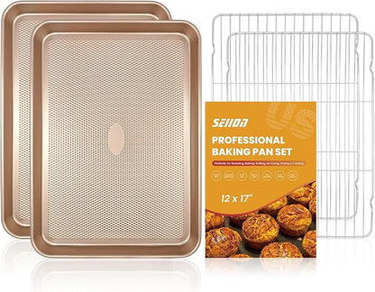 2-Pack Baking Sheets with Wire Cooling Racks | 17.5"x11.8" Heavy Duty Nonstick Carbon Steel Half Sheet Pans | Oven-Safe Crisper Tray Set for Roasting Bacon & Cooling Cookies