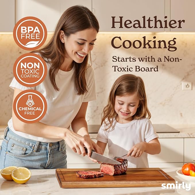 Smirly Reversible 17" Large Teak Cutting Board for Kitchen - 1.2"Th Heavy Duty Real Wood Cutting Board with Deep Juice Groove - Reversible Wooden Cutting Board for Multiple Uses - Only 1 Piece
