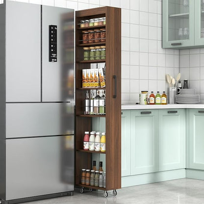 Slim Rolling Storage Cart, 7-Tier Pull-Out Spice Rack with Handle & Wheels, Narrow Kitchen Organizer for Next to Fridge, Pantry, Laundry Room, 7.87 Inch Wide Space Saver (Walnut, Exposed Wheels)