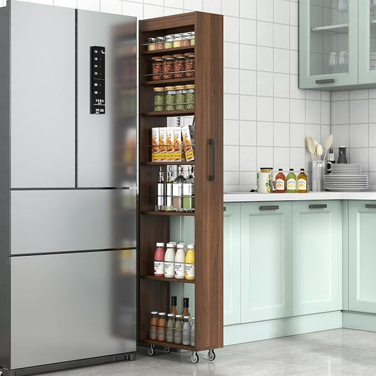 Slim Rolling Storage Cart, 7-Tier Pull-Out Spice Rack with Handle & Wheels, Narrow Kitchen Organizer for Next to Fridge, Pantry, Laundry Room, 7.87 Inch Wide Space Saver (Walnut, Exposed Wheels)