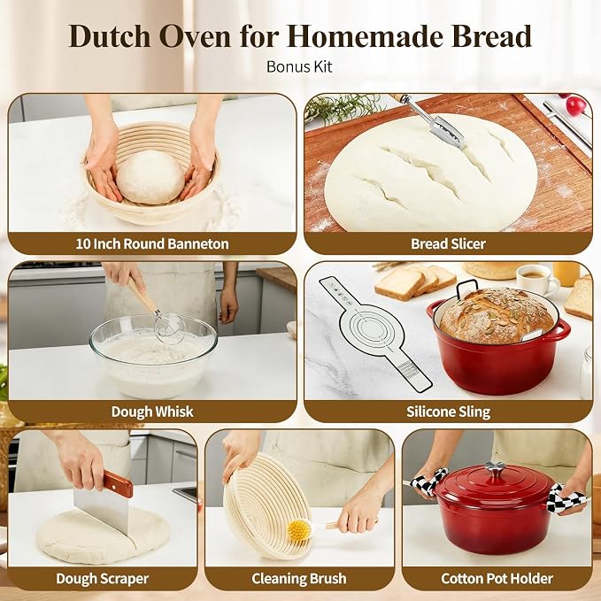 Enameled Cast Iron Dutch Oven with Lid -6.5 QT, incl. Sourdough Bread-Baking Supplies like Banneton Proofing Basket, Heavy Duty Cookware Bread-Oven for Baking, Stews, and Roasting, Cherry Red